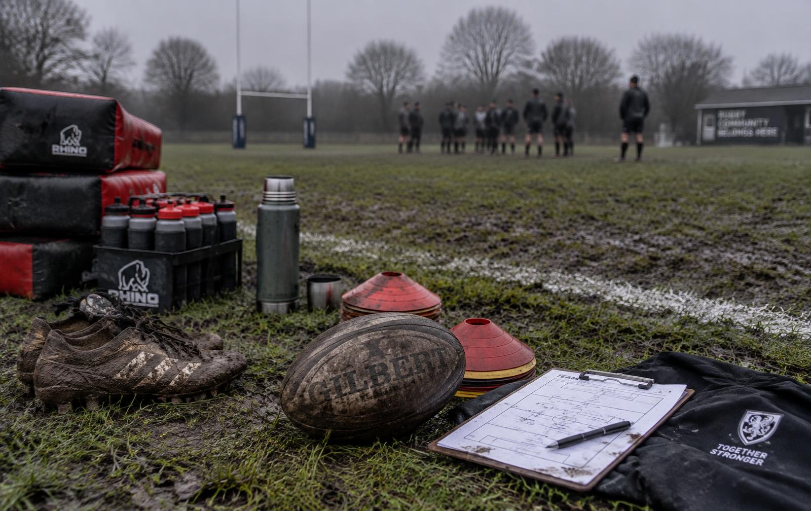 A muddy grassroots rugby touchline with boots, cones and a team sheet